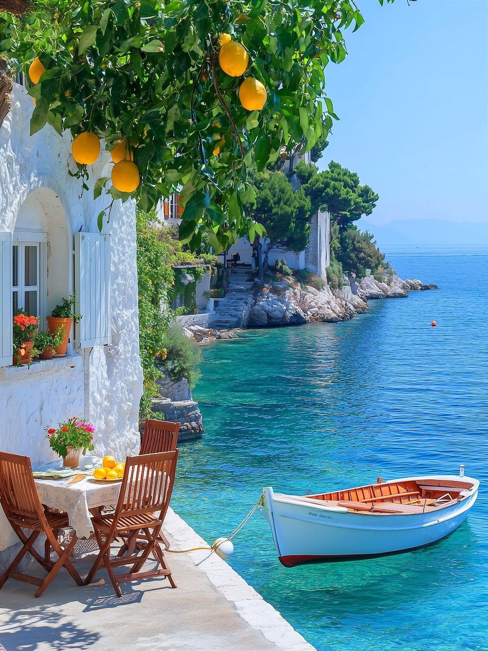 White seaside terrace with lemons, chairs, and a small boat on clear blue water