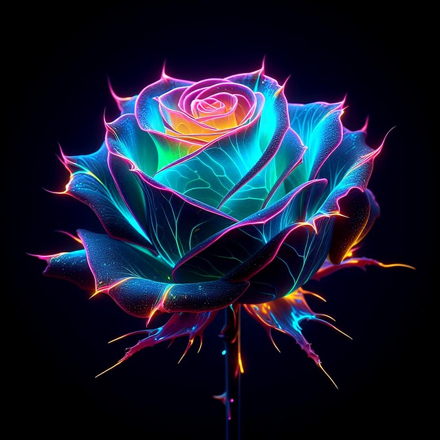 A glowing multicolored neon rose on a black background