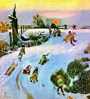 Children sledding on a snowy hill at sunset in a vintage winter painting
