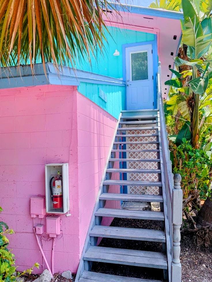 Pink and turquoise tropical cottage exterior with wooden staircase and palm fronds