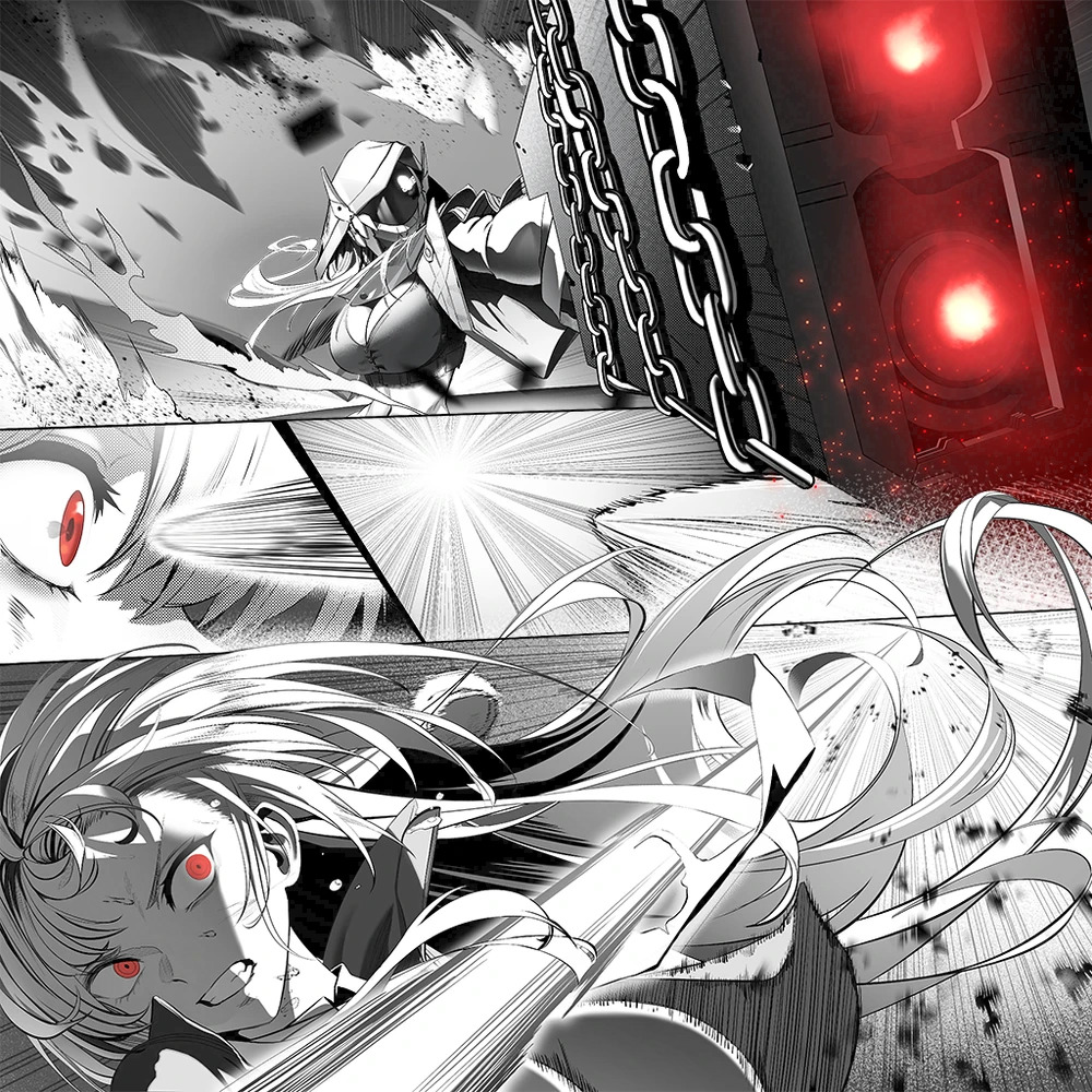Anime character with long white hair surrounded by chains and red glowing lights in dramatic black and white illustration