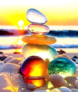 Stack of colorful translucent glass stones balanced on a beach at sunset with ocean waves behind