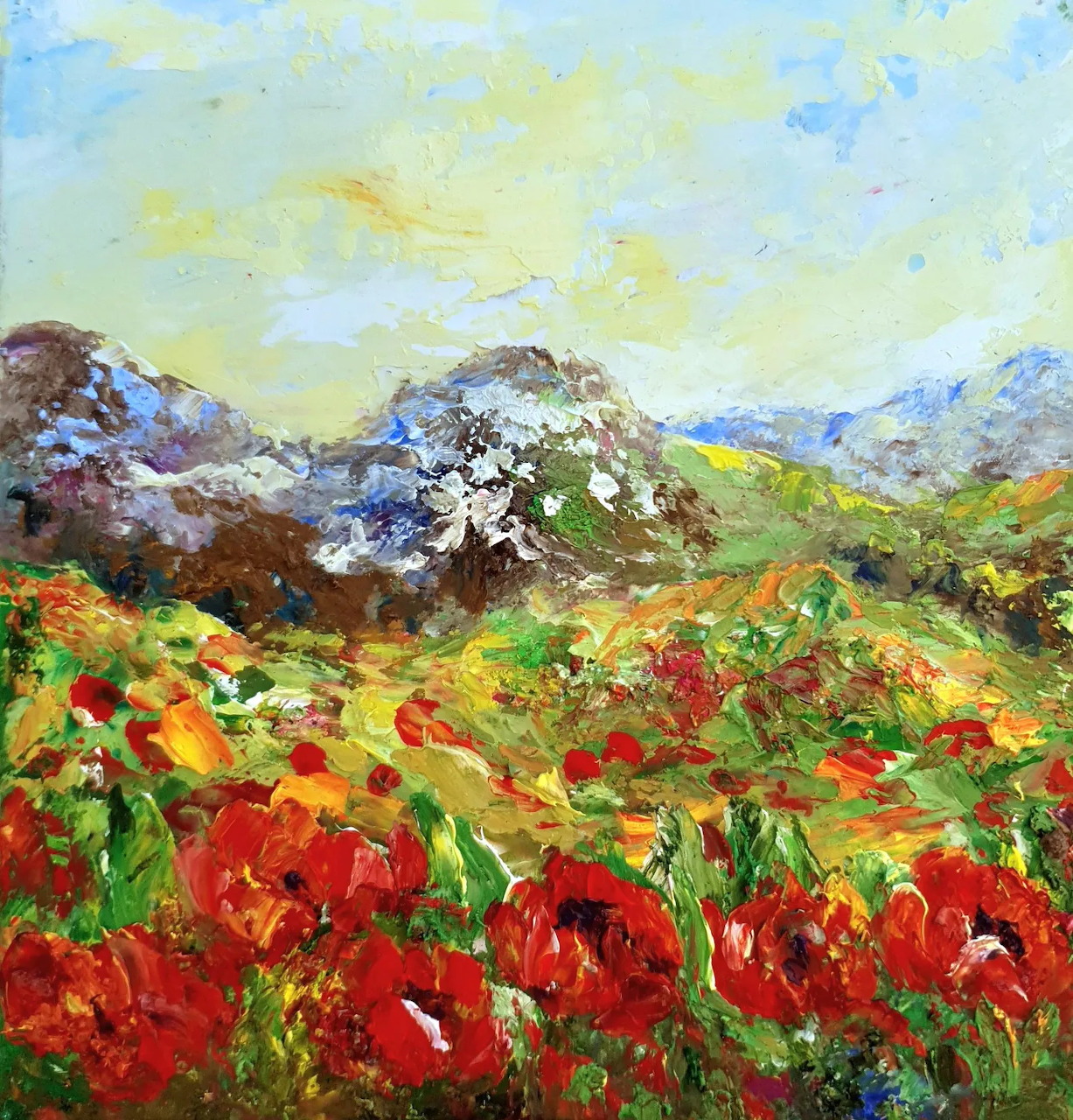 Oil painting of red poppies in a field with distant hills and cloudy sky