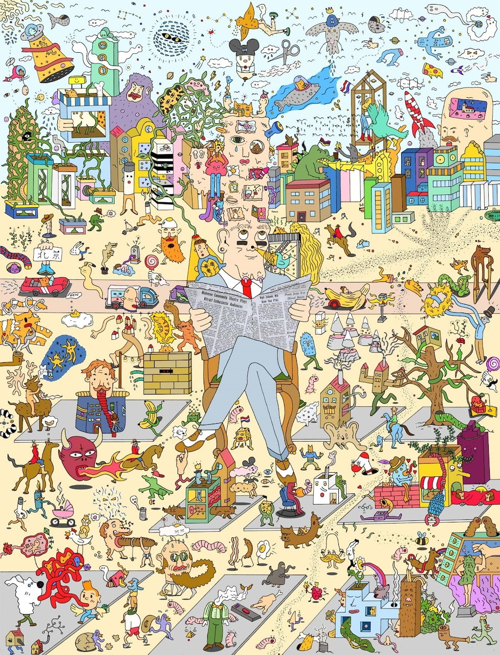 Whimsical illustrated map showing a colorful town with buildings, people, cars, and fantasy elements in detailed layout