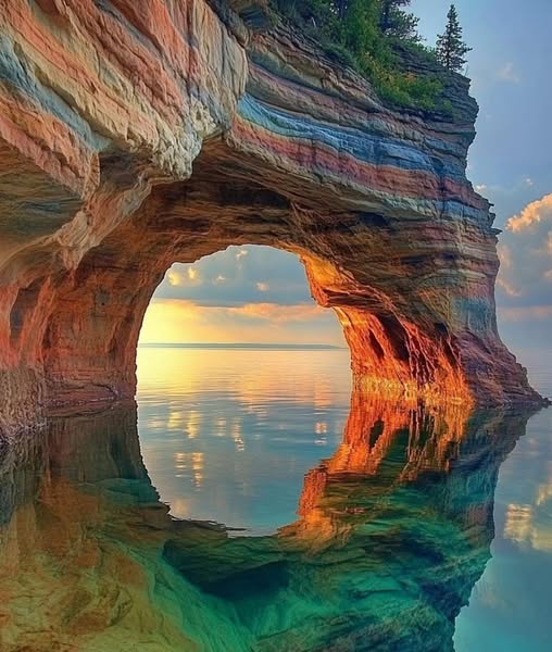 Pictured Rocks sandstone cliffs along Lake Superior shoreline in Michigan's Upper Peninsula
