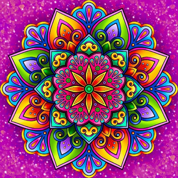 Colorful symmetrical mandala with rainbow petals and geometric patterns on purple glitter background