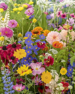 Dense colorful wildflower meadow with pink cosmos, yellow daisies, blue delphiniums, orange poppies in natural garden setting