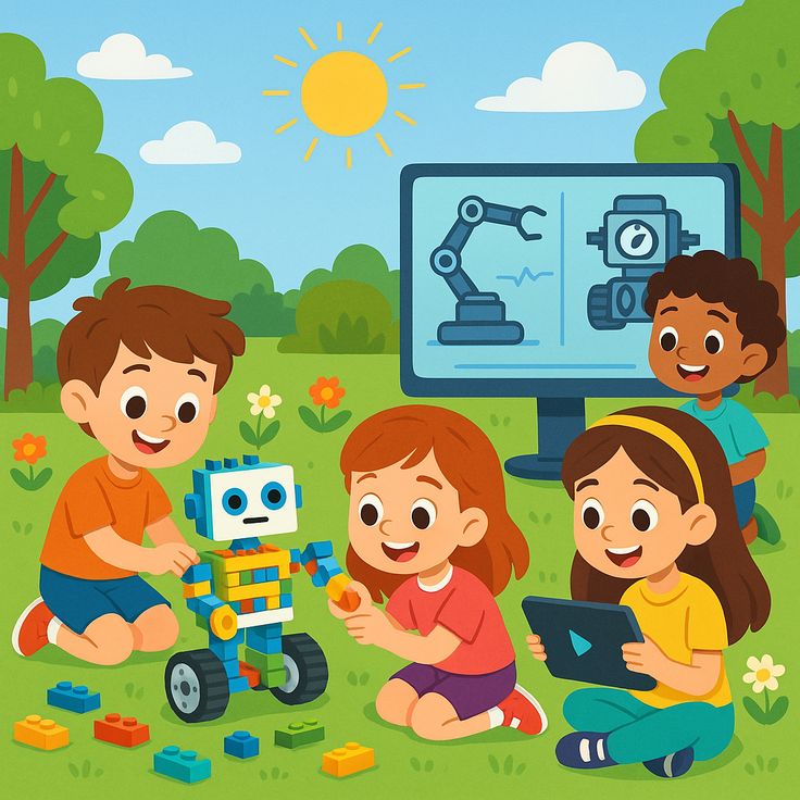Four children sitting on grass with a small robot, learning robotics together near a computer monitor
