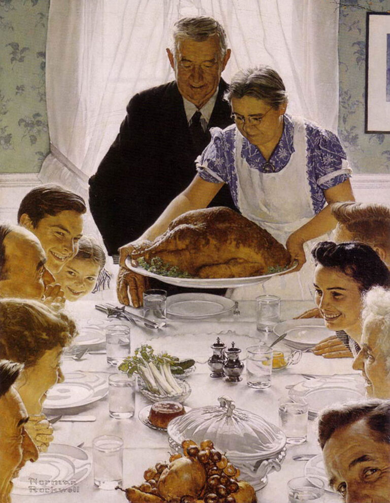 Norman Rockwell painting of a family at Thanksgiving dinner with a roast turkey