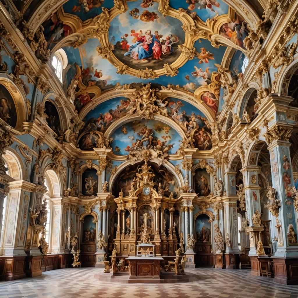 Ornate baroque palace interior with gilded ceiling frescoes, marble columns, and elaborate golden architectural details