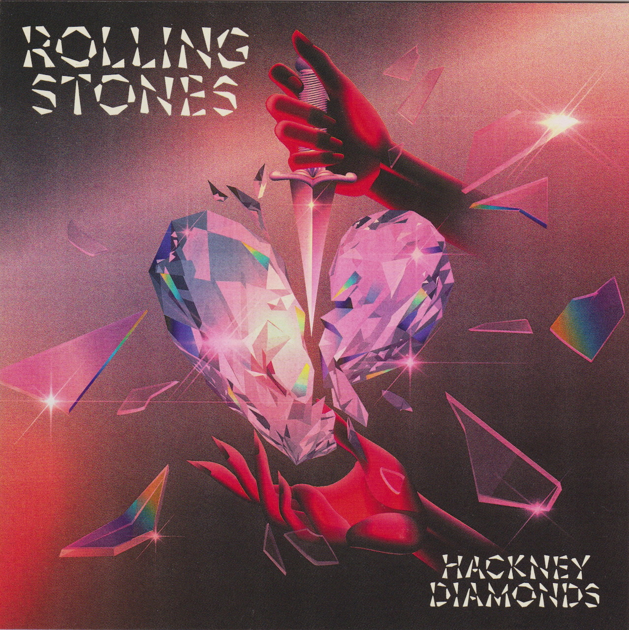 Album cover art of a crystal heart pierced by a dagger with red hands on a glowing pink background