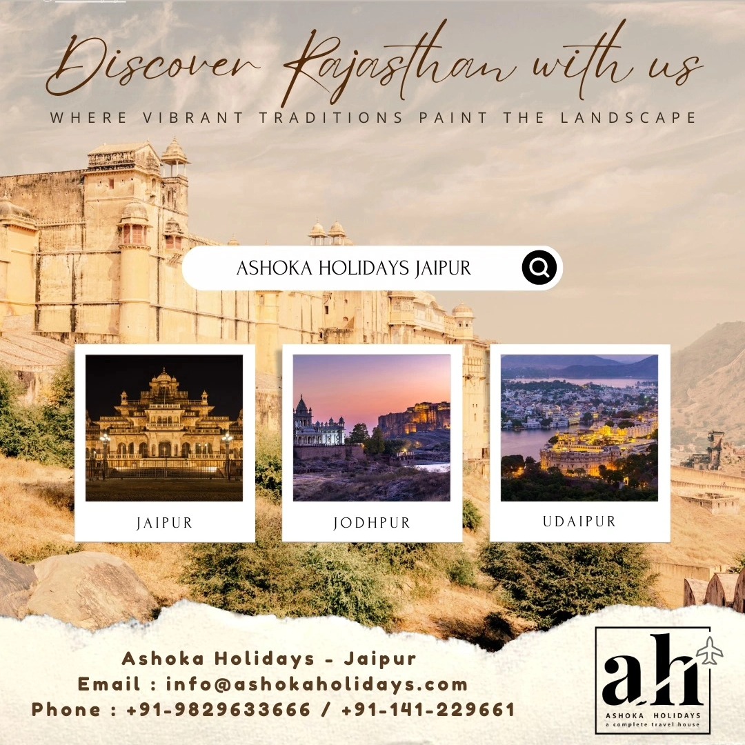 Vintage Rajasthan travel collage with landmarks and framed photos of Jaipur, Jodhpur, and Udaipur