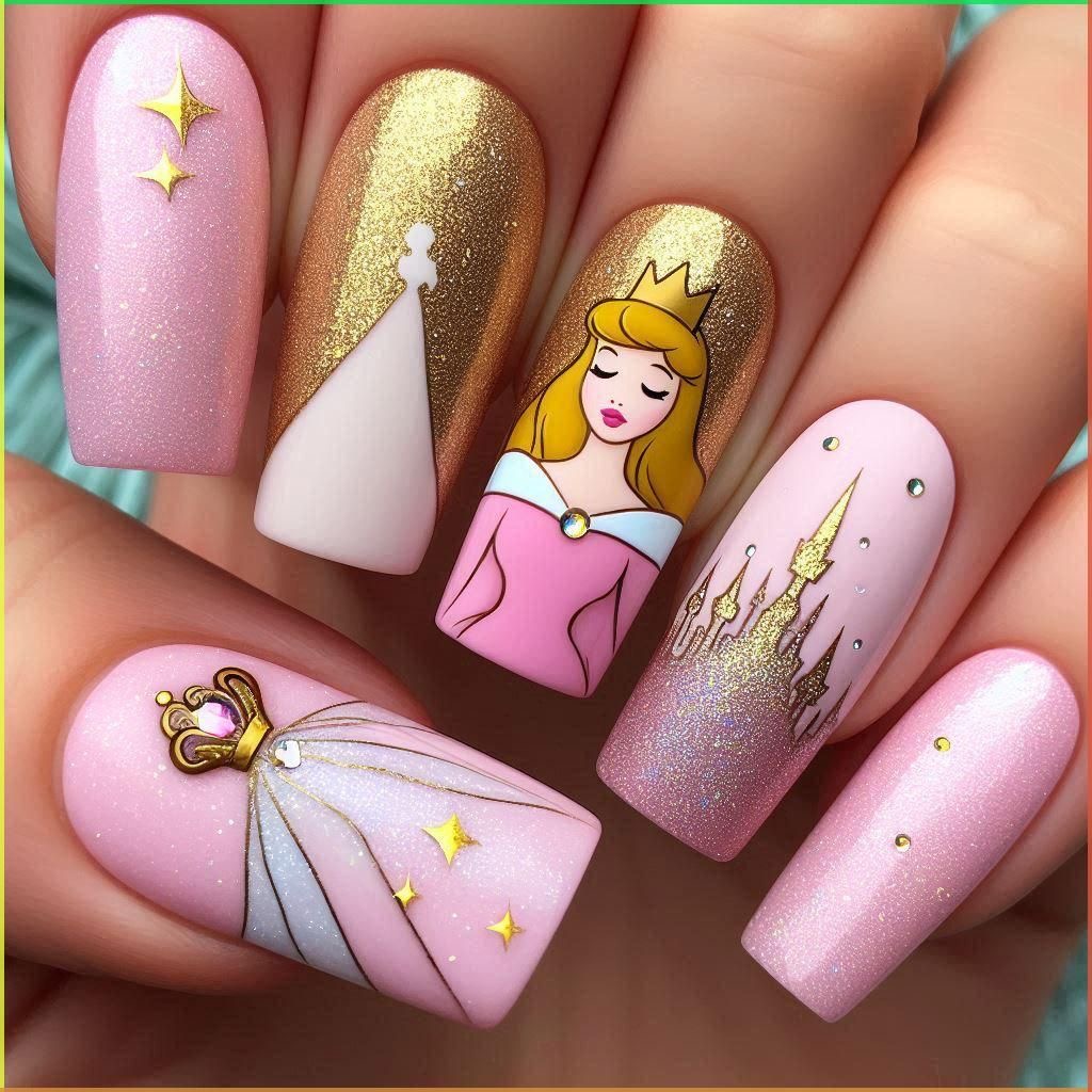 Close-up of pink glitter nails with princess-themed nail art and gold details