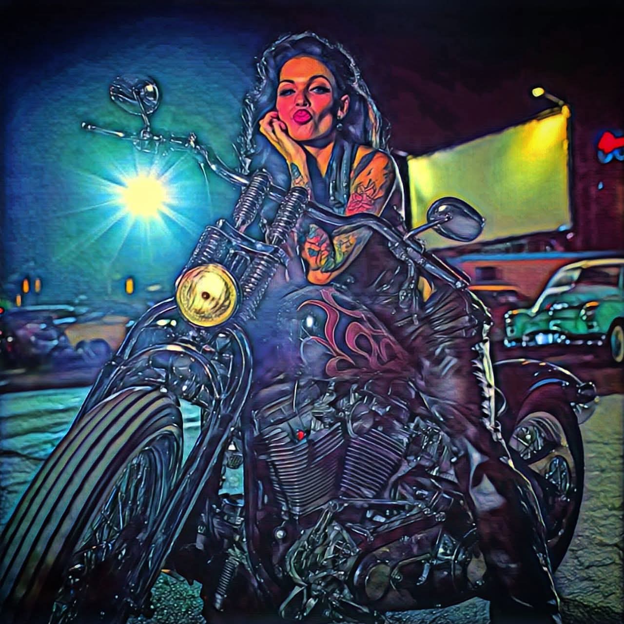 Stylized artwork of a woman leaning on a motorcycle at night with bright lights and cars behind her