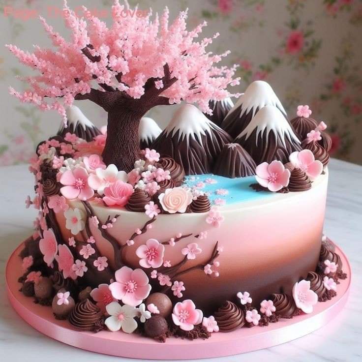 Round cake decorated with pink cherry blossom tree, chocolate mountains, and sugar flowers on ombre frosting
