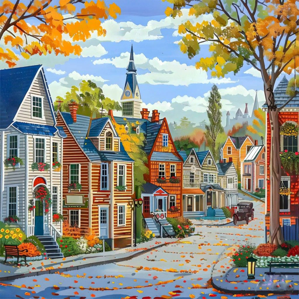 Autumn Town Street with Colorful Houses