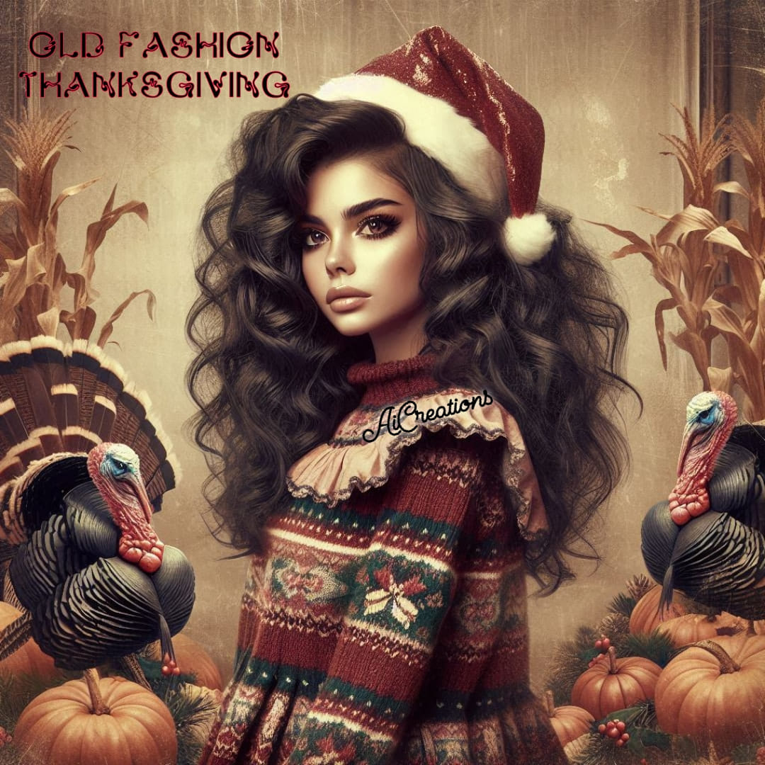 Vintage-style woman portrait with pumpkins, turkeys, festive sweater, and Santa hat