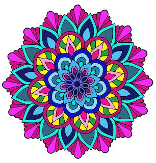 Colorful symmetrical mandala with pink, turquoise, and yellow petals in layered geometric pattern