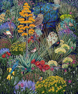 Detailed illustration of desert plants, flowering cacti, succulents, and birds in a lush garden setting