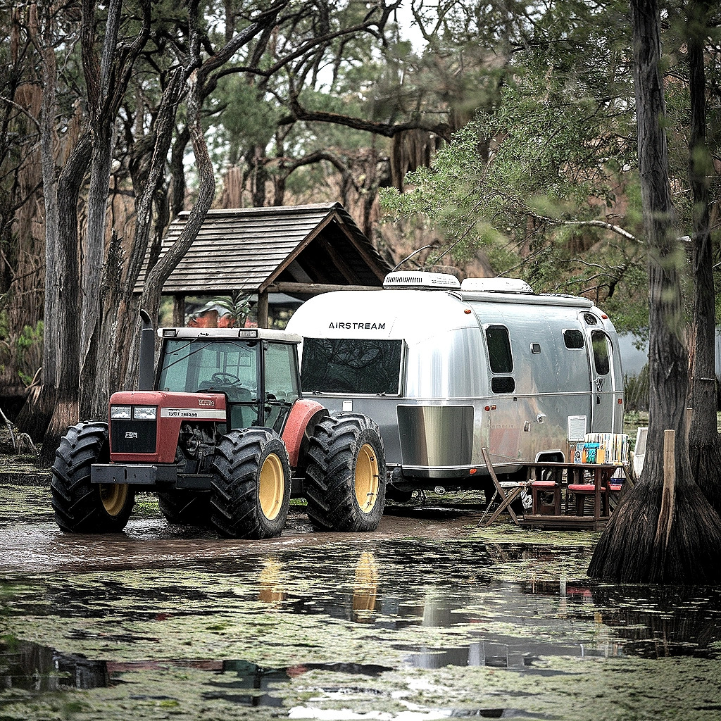 Red tractor and silver Airstream trailer parked in a swampy forest with Spanish moss and standing water