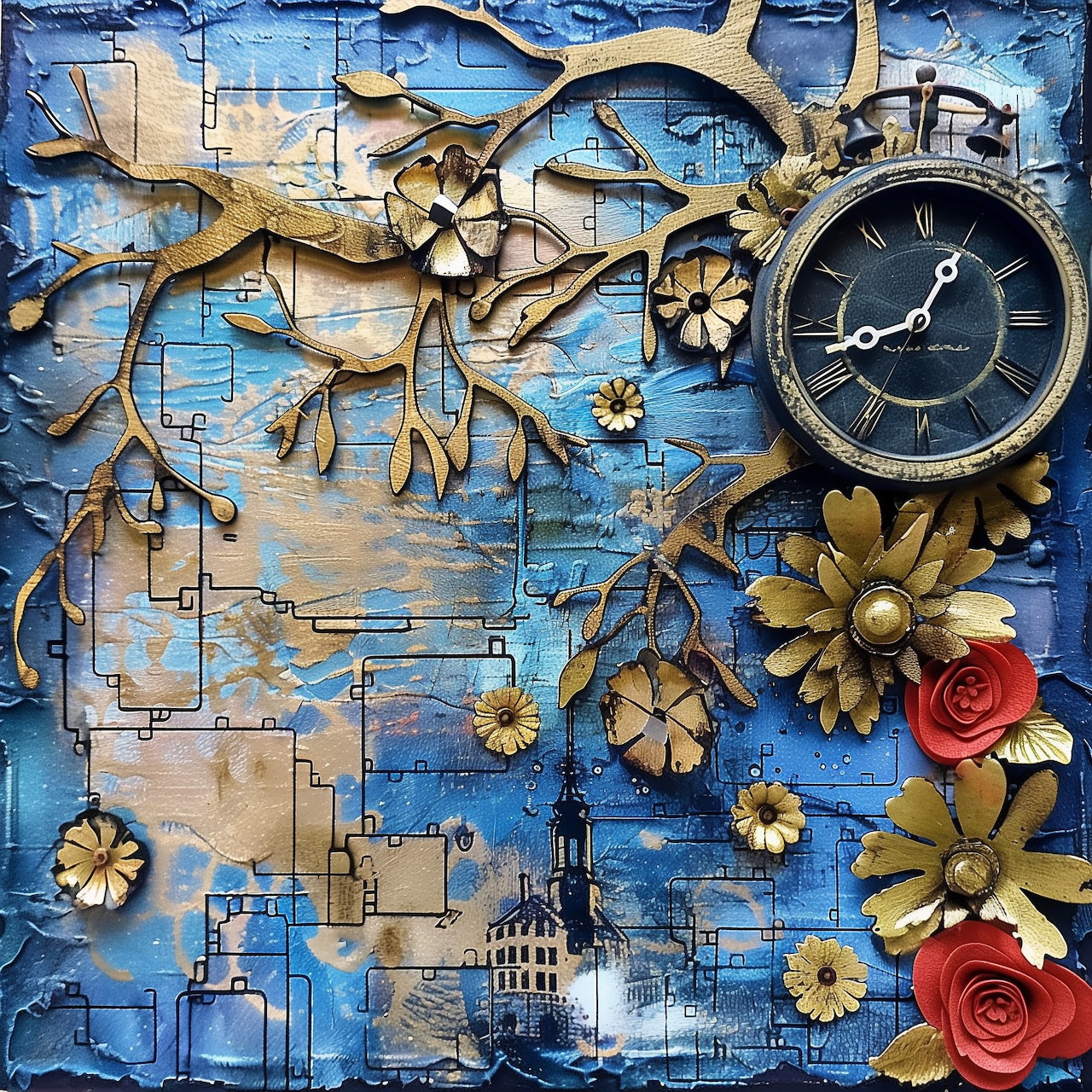 Steampunk mixed media collage with clock, gears, flowers and vintage elements on distressed blue background