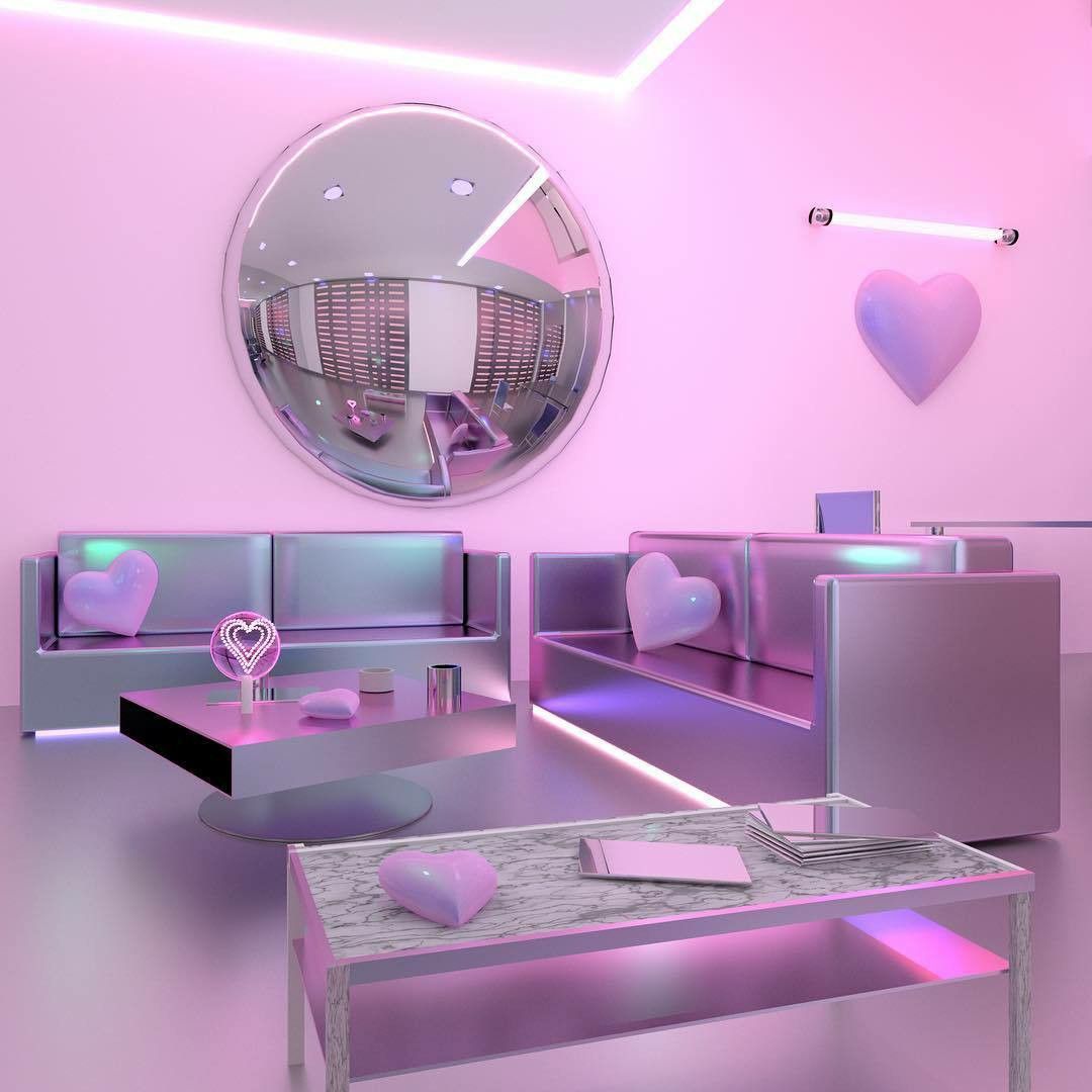 Futuristic living room with pink neon lights, chrome furniture, and vaporwave style décor