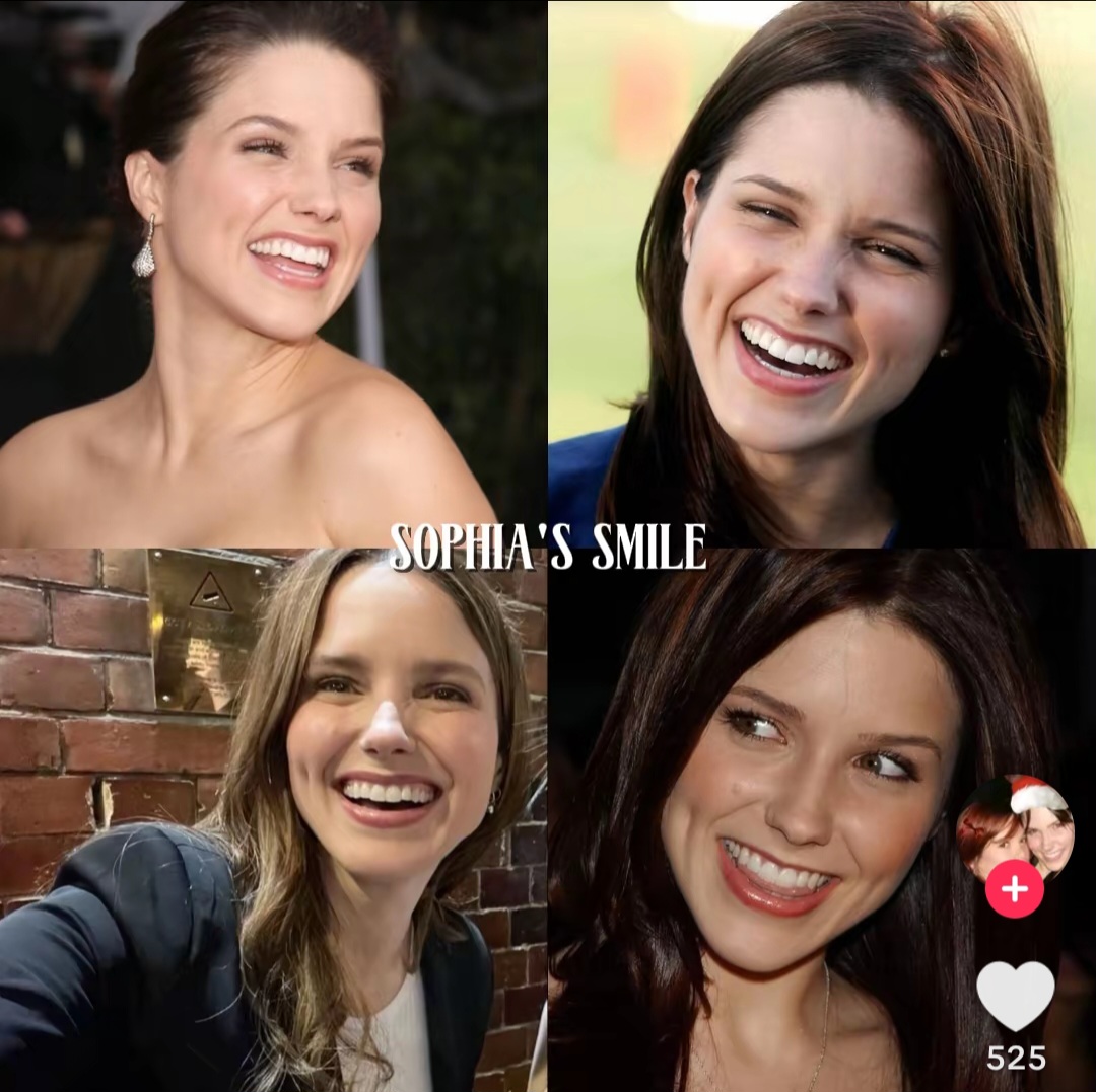 Four-photo collage of Sophia Bush smiling in different portraits