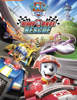 Paw Patrol Ready Race Rescue poster with cartoon dogs racing in colorful cars on a racetrack