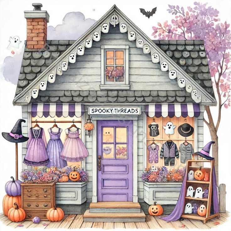 Watercolor Halloween cottage with purple door, awning, pumpkins, and autumn decorations
