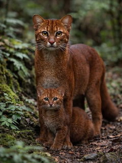 Adult brown cat standing behind a kitten on a leafy forest path