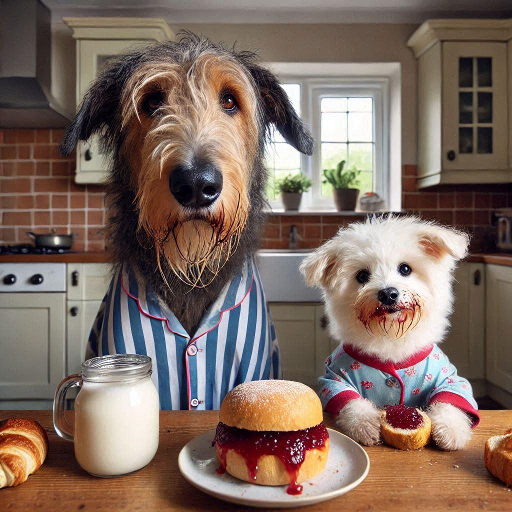 Two dressed dogs at kitchen table with burger and milk