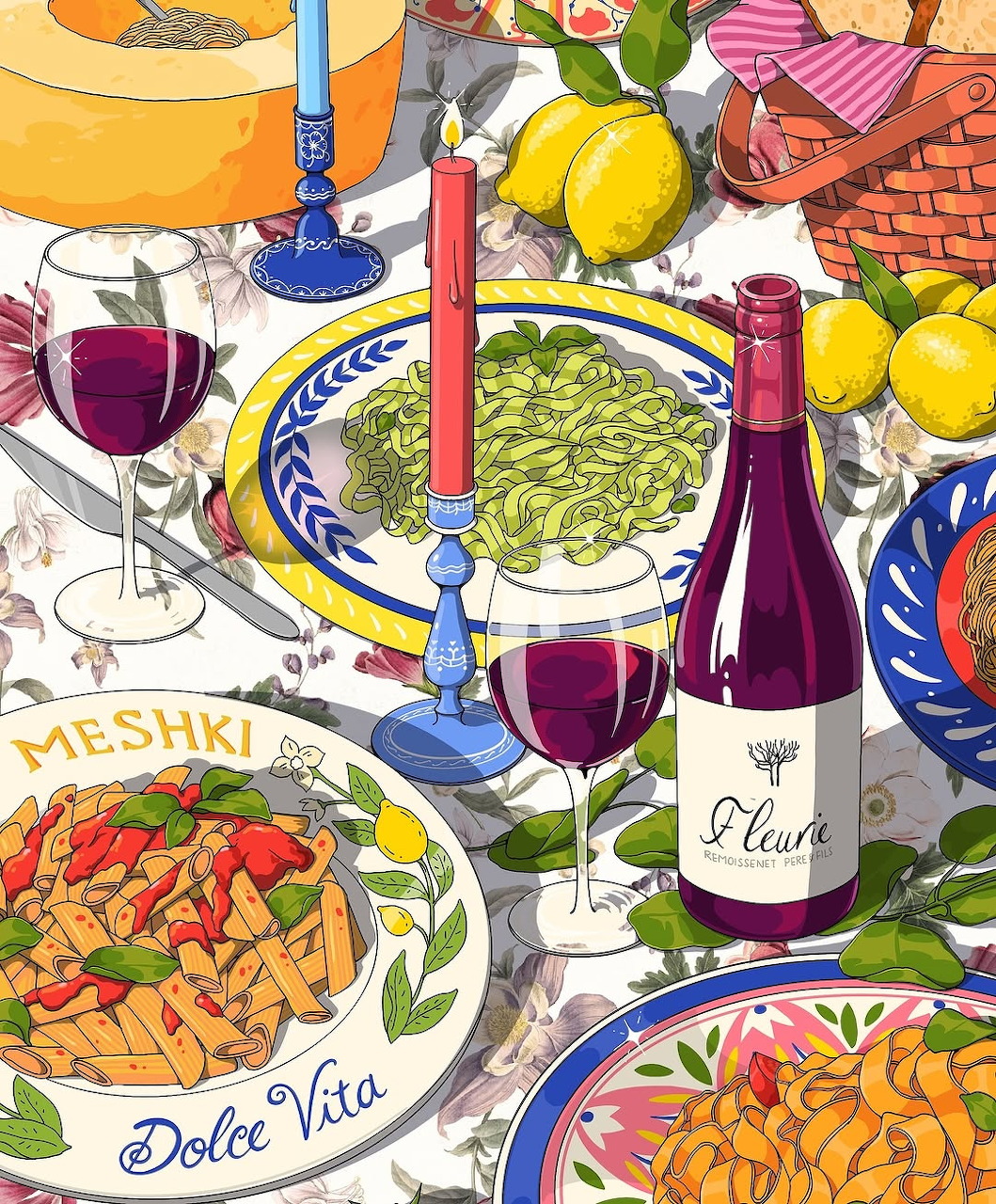 Illustrated Italian feast with wine bottle, pasta, lemons, candle and colorful dishes on a decorated table