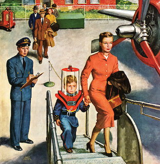 Vintage illustration of young pilot in blue uniform with adults and red aircraft at airfield