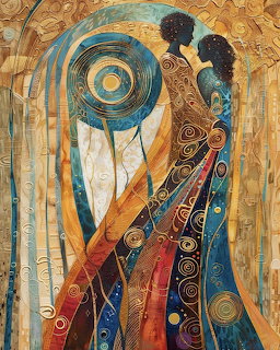 Decorative painting of two stylized women in flowing patterned dresses in gold and blue
