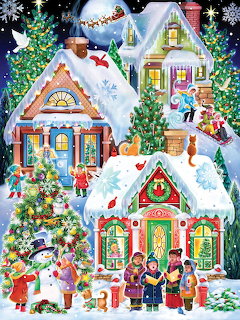 Colorful illustration of snow-covered Christmas cottages with decorated trees, snowmen, and holiday carolers