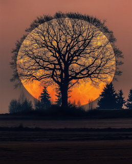 Large full moon behind a silhouetted leafless tree at sunset with orange sky