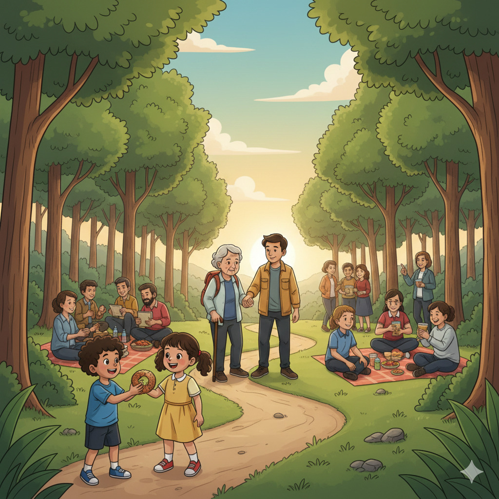 Cartoon illustration of children playing together in a park with tall trees lining a central path under blue sky