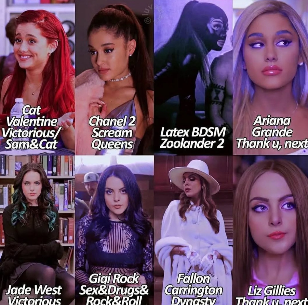 Eight-panel collage of portrait photos of Ariana Grande and other young women with text labels