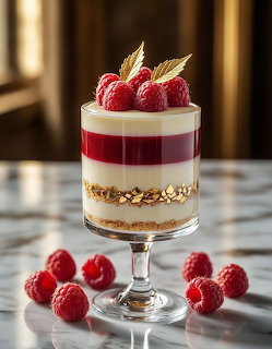 Layered dessert parfait with raspberries, cream, and granola in stemmed glass