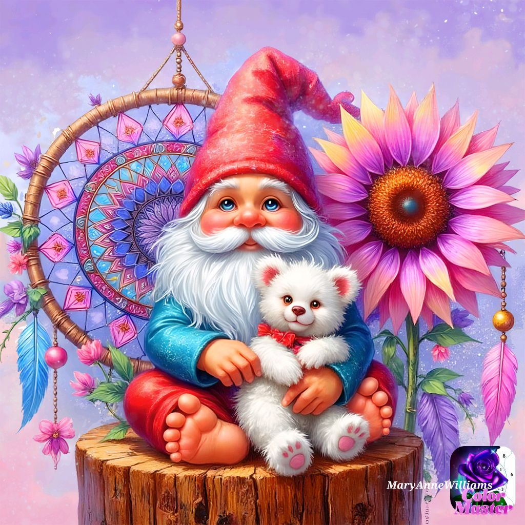 Garden gnome holding white teddy bear on stump with sunflower and purple flowers