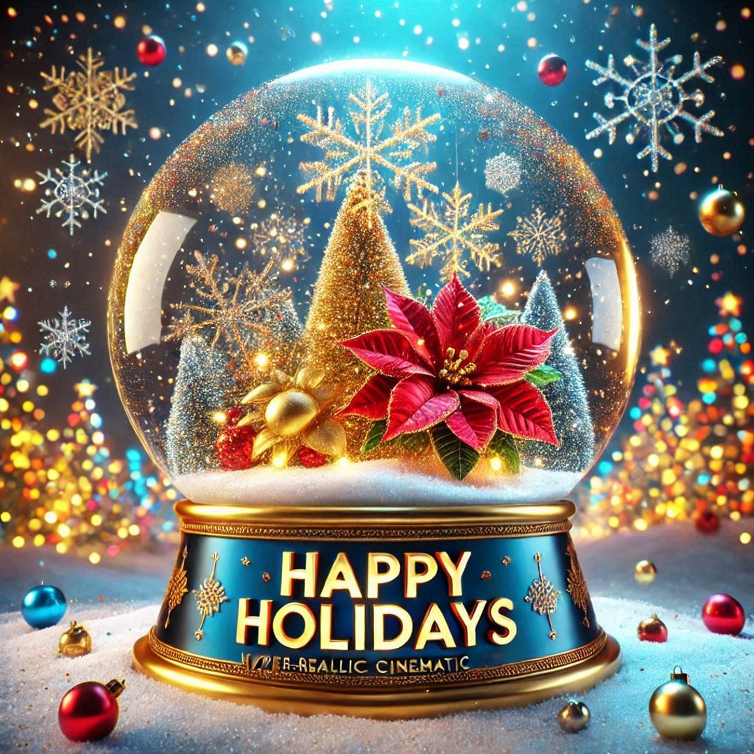Christmas snow globe with golden trees, red poinsettia flower, and Happy Holidays text on ornate base