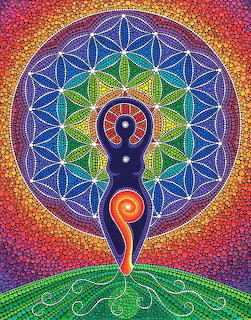 Silhouette meditating on sacred geometry mandala with rainbow colors and chakra symbols