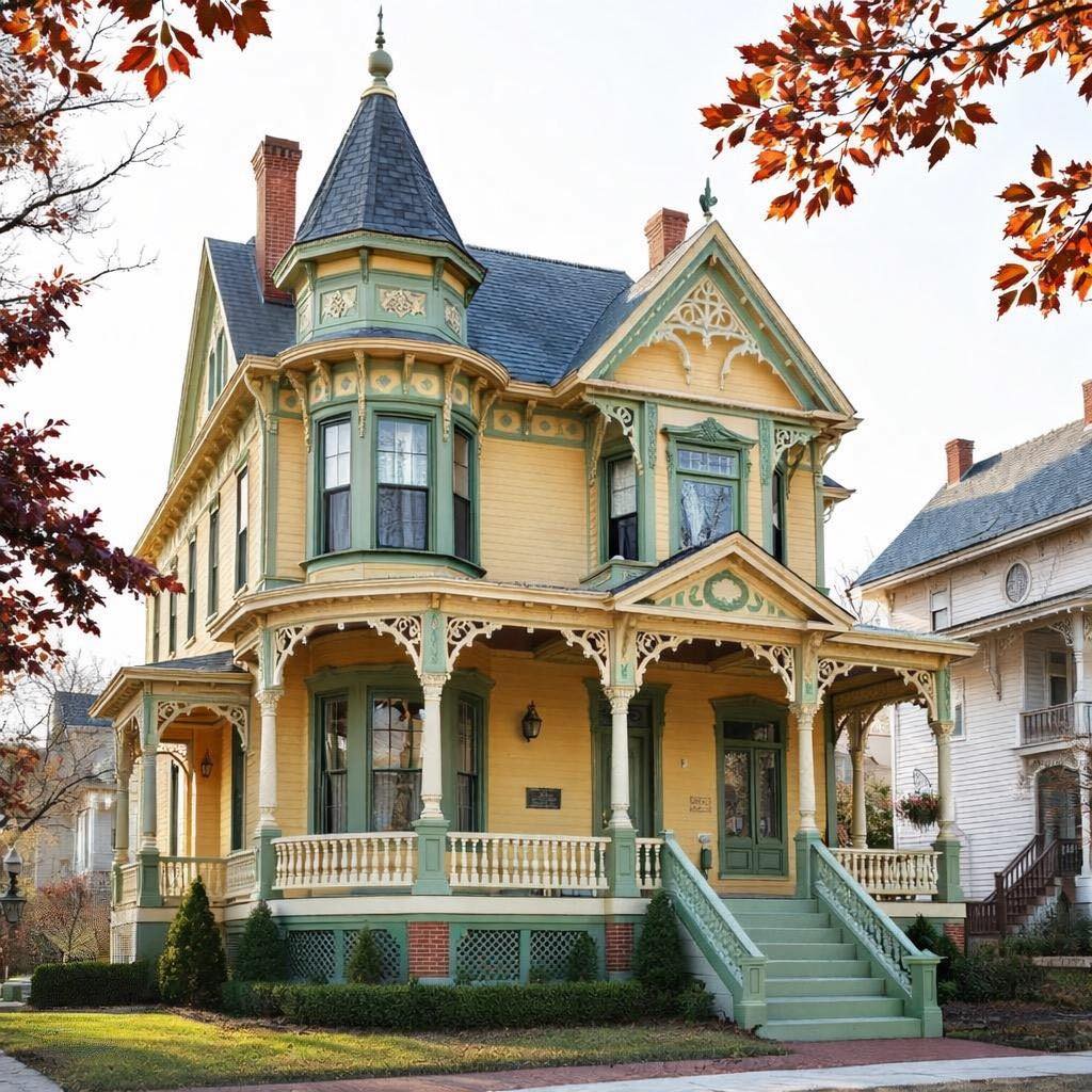 Yellow Victorian house with turret, ornate porch, and fall foliage