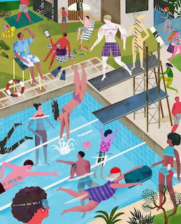 Illustrated pool scene with people swimming, diving, and sunbathing on a sunny day