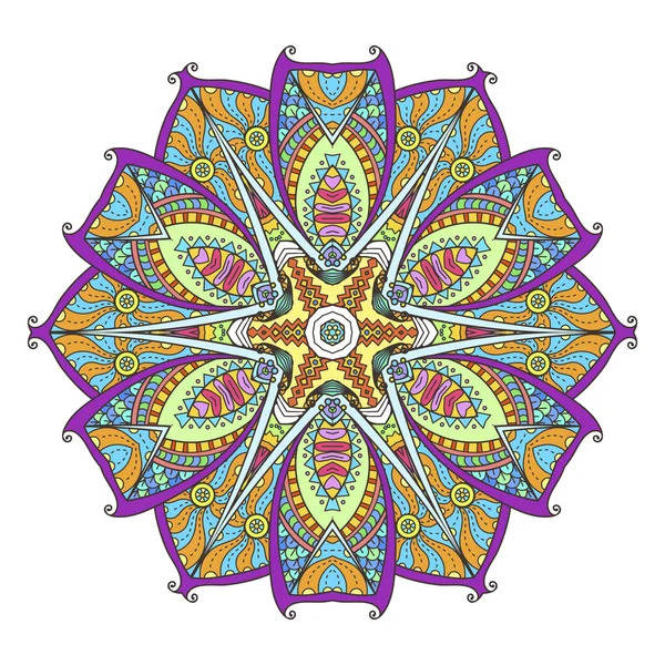 Colorful symmetrical mandala with ornate geometric patterns in purple, yellow, blue and green