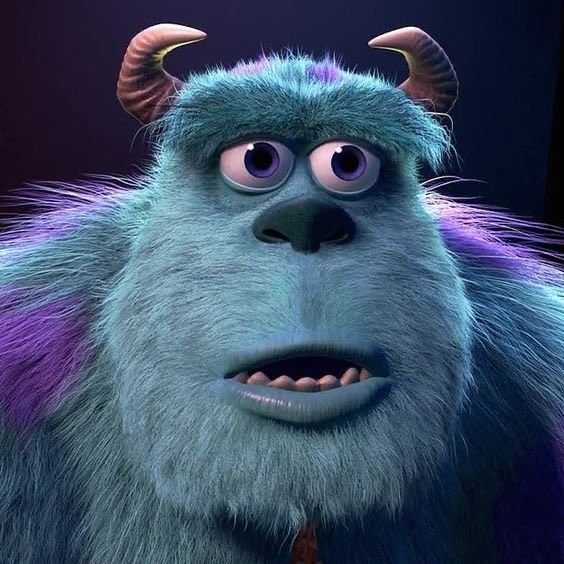 Close-up portrait of Sulley, a blue and purple furry monster with horns and large eyes