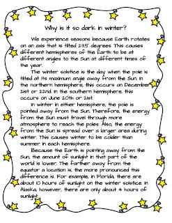 Educational poster with text explaining winter daylight hours, bordered by yellow stars and crescent moons