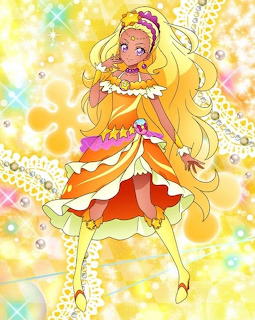 Anime illustration of Cure Soleil from Star Twinkle PreCure in orange dress with golden hair