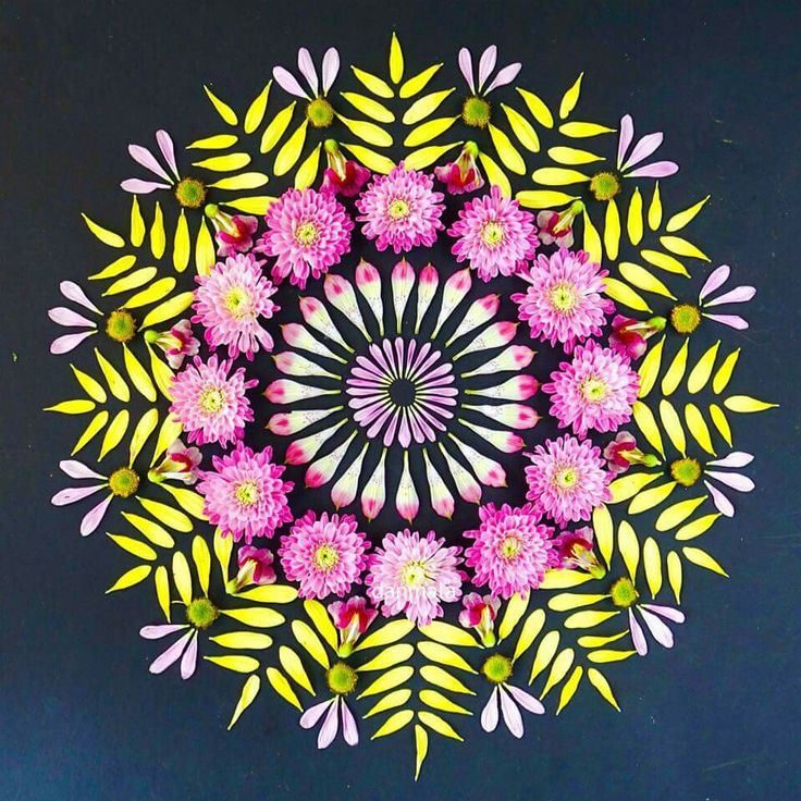 Symmetrical floral mandala with pink flowers, white petals, and yellow fern leaves on dark blue background
