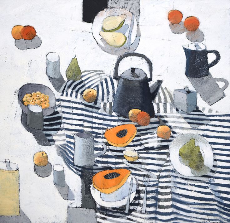 Abstract still life painting showing tabletop with teapot, fruit, and striped pattern in gray, white, and orange tones